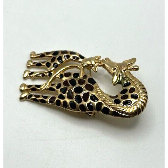 Vintage Gold Tone Black Brown Enamel Best Mother Giraffe Baby Calf Brooch Pin - Picture 2 of 13